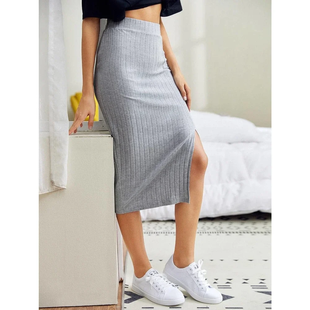 Slit Hem Rib knit Pencil Skirt midi business casual black - Picture 6 of 11